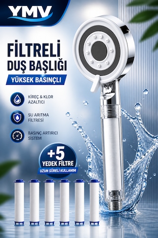 Ymv Filtreli Duş Başlığı Yüksek Basınçlı Banyo Başlığı Kireç Ve Klor Azaltıcı 5 Yedek Filtreli Su Tasarruflu Krom