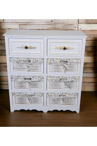 Ahşap 8 Çekmeceli Hasır Görünümlü Sebzelik Beyaz