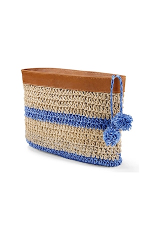 Kadın Çizgili Clutch & Small Bag Bej & Mavi Renk, Fermuarlı Doğal