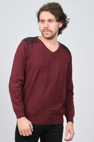 Desen Triko Erkek V Yaka Saf Yün Kazak 0246538 Bordo Bordo