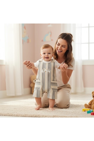 Ürünya Unisex Bebek Askılı Nakış İşlemeli Sıfır Kollu Şort Tulum Haki