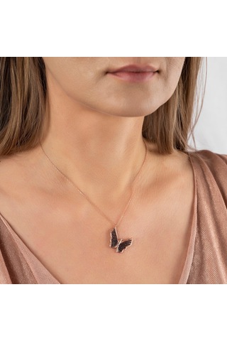 Siyah Zirkon Taşlı Zarif Tasarım Rose Renk 925 Ayar Gümüş Kelebek (459601787)