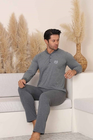 Alimer Erkek 3 Düğmeli Çizgili Desen %100 Pamuk Uzun Manşetli Kol Cepli Pijama Takımı Antrasit