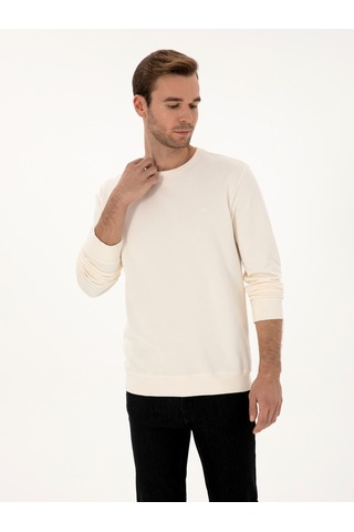 Ekru Regular Fit %100 Pamuk 3 İplik Bisiklet Yaka Sweatshirt Bej