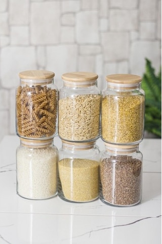 6 Lı Set Bambu Kapaklı Cam Kavanoz & Erzak Saklama Kabı 800 Ml Orta Boy Vakum Kapak Diğer