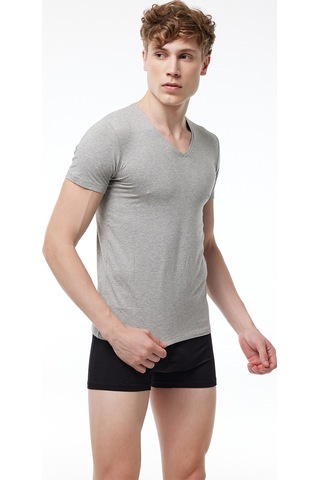 Malabadi Erkek Gri 2 Li V Yaka Kısa Kollu Pamuk Elastan Fanila T-shirt 092 Grimelanj