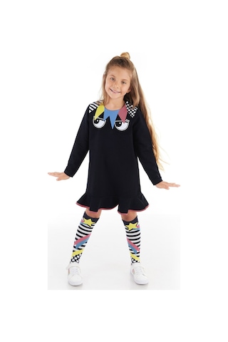 Denokids Mshb&g Perçem Fırfırlı Lacivert Kız Çocuk Elbise + Dizaltı Çorap Çok Renkli