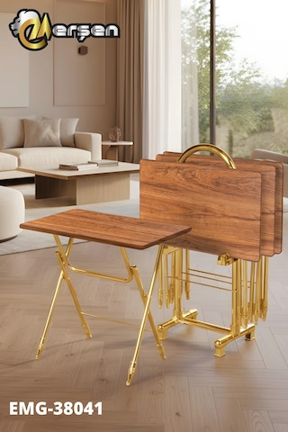 Eranş Serisi 4'lü Katlanır Mdf Mebran Ahşap Çanta Zigon Sehpa Gold Ayak Ceviz Gold Ayak