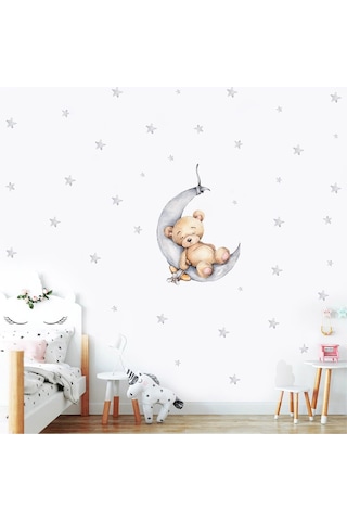 Artikel Ayda Uyuyan Sevimli Ayıcık ve Yıldızlar Çocuk Odası Duvar Sticker 50 x 70 Cm