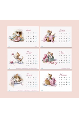 2027 Sevimli Yavru Kedili Masa Takvimi Doğal Ahşap Tabanlı Takvim Pastel Pembe Kedi İllüstrasyon
