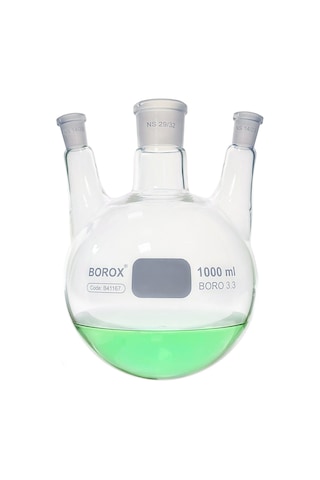Borox Cam Balon 1000 Ml - Dibi Yuvarlak Şilifli - Üç Boyunlu