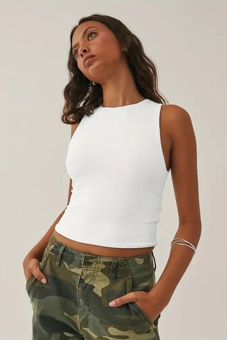 Tarz Cool Kadın Atlet Düz Basic Crop Kolsuz T-shirt Beyaz