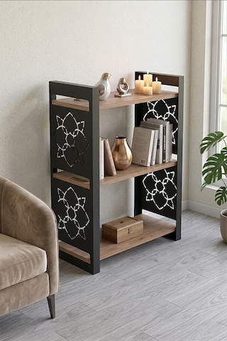 85 Cm 3 Katlı Endüstriyel Kitaplık, Konsol, Çiçeklik, Çok Amaçlı Raf 2810 Atlantik Çam - Siyah
