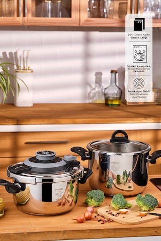 Emsan Vera 2'li Düdüklü Tencere Seti 4+6 Litre Siyah Gümüş - Siyah