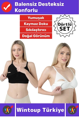Wintoup Emzirme Sütyeni Klipsli Pamuklu Hamile Lohusa Dikişsiz Balensiz Desteksiz Emzirme Sütyeni 4'lü Set Beyaz - Siyah