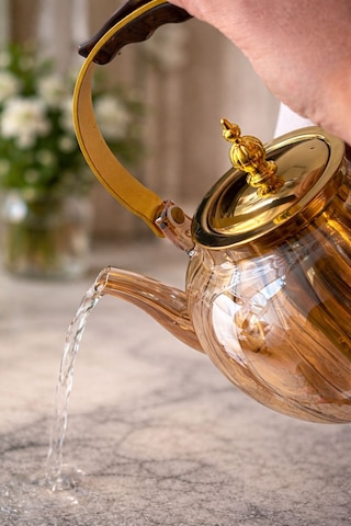 Morponi Ahşap Saplı Isıya Dayanıklı Borosilikat Amber Cam Demlik 1200 Ml Süzgeçli Cam Demlik Oval Çizgili Amber