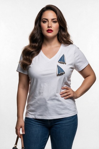Vedi-bb Kadın Büyük Beden V Yaka Yelkenli İşlemeli Pamuk Karışımlı Kısa Kollu T-shirt Mavi