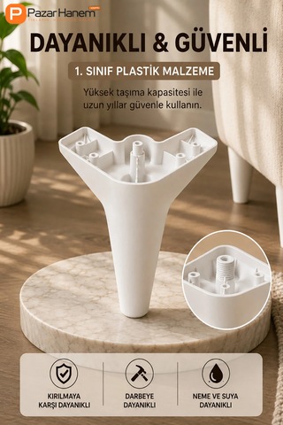 Modern Plastik Mobilya Ayağı - 4'lü Set Kanepe Koltuk Baza Puf Ayağı Beyaz + Vidalar Dahil
