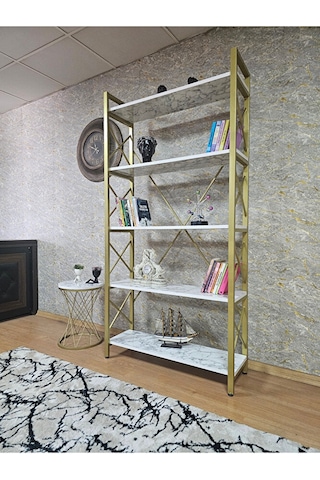 Gold Boyalı Kitaplık - 5 Raflı Suntalem Lüks Kitaplık Beyaz Merme Çok Renkli