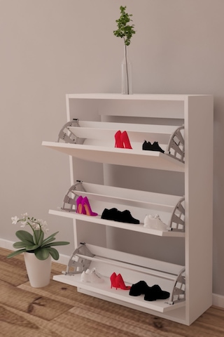 Moonlife 3 Kapaklı Kayar Raflı Ayakkabılık Beyaz