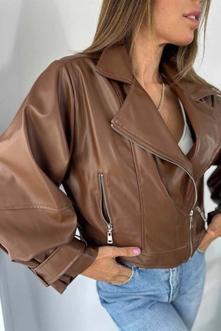 Laleli Butik Kadın Siyah Oversize Deri Ceket Taba Taba