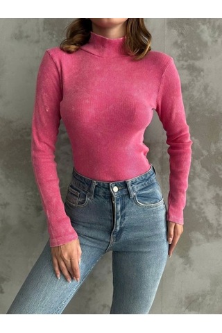 Kadın Uzun Kollu Boğazlı Yaka Asit Yıkamalı Kaşkorse Kumaş Kazak Pembe