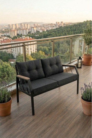 Familieconcept Metal Bahçe Balkon Oturma Grubu 2+1+1 Set - Ahşap Kollu Lüks Teras Çay Seti - Antrasit Gri