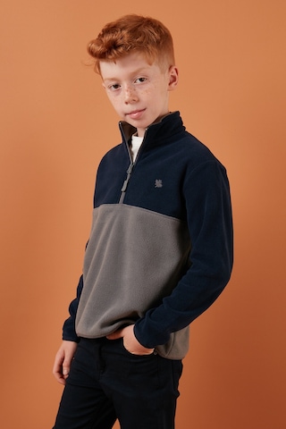 Lela Yumuşak Dokulu Yarım Fermuarlı Renk Bloklu Dik Yaka Unisex Çocuk Polar 5905004 Lacivert-Gri