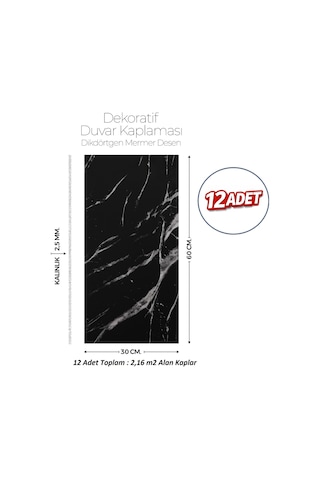 30x60 Cm Kendinden Yapışkanlı Duvar,banyo,tezgah Arası Kaplama Siyah Mermer Desen 12 Adet 1089-30-12