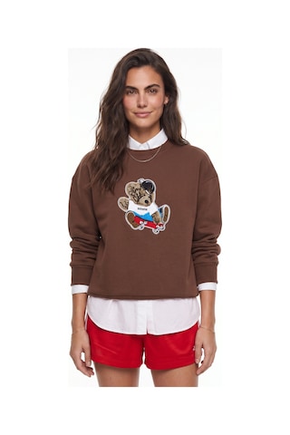 Onloox Kadın Kahverengi Kahverengi Pamuklu Bisiklet Yaka Salaş Kesim Teddy Nakış İşlemeli Sweatshirt