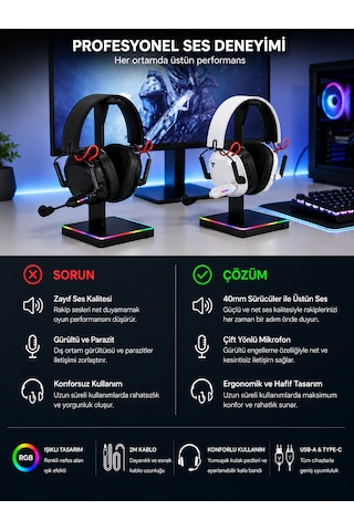 Rgb Işıklı Oyuncu Kulaklığı Sanal 7.1 Çevresel Ses Gürültü Önleyici Kulak Üstü Headset
