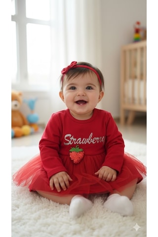 Kız Bebek Yılbaşı Noel Temalı Çilek Elbise Kırmızı