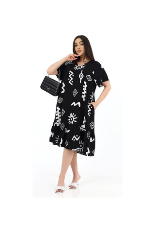 Schık Kadın Viskon Yarım Kol V Yaka Cepli Fırfırlı Elbise Siyah Siyah