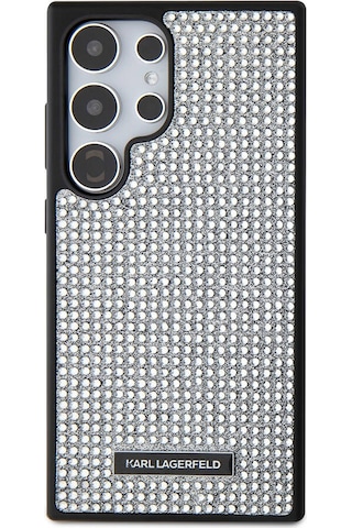 Galaxy S24 Ultra Uyumlu Kılıf Taşlı Metal Logo Lisanslı Kapak Gümüş