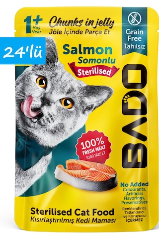Bado Kısırlaştırılmış Yetişkin Yaş Kedi Maması Somonlu 85gr 24'lü