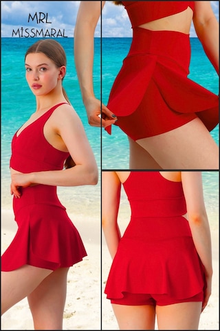 Mini Şort Etek Görünümü Etek Içi Şortlu Cepli Spor Tasarım Tenis Deniz Havuz Fitness Kırmızı 1107 Kırmızı