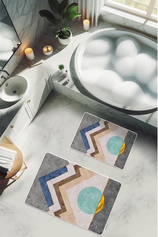 Yıkanabilir Kaymaz Tabanlı Modern Desenli 2'li Banyo Paspas Takımı Bps0031 Renkli