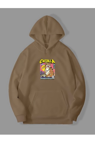 Harmandar Üç İplik Catzilla Baskılı Unisex Kemik Kanguru Cepli Kapüşonlu Sweatshirt Hoodie Catzillakemiksweat