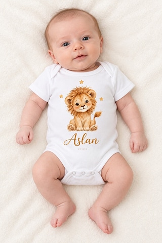 Gıovera İsme Özel Sevimli Aslan Baskılı Beyaz Kısa Kollu Pamuklu Bebek Zıbın Body
