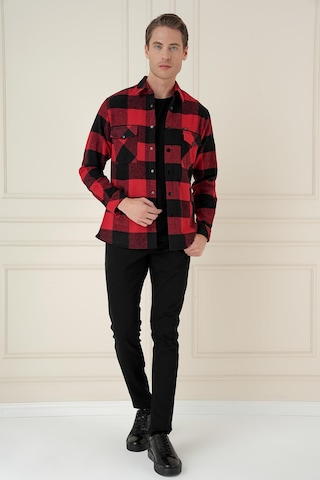 G 1579 Slim Fit Kırmızı-siyah Klasik Gömlek Kırmızı - Siyah