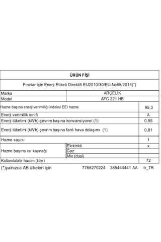 Arçelik AFC 221 HB 72 LT Ankastre Fırın