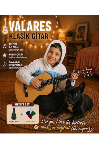 Valares Qcg3024 34 1/2 Yarım Boy Klasik Gitar Naturel Askı Aparatlı Çocuklar İçin İdeal Kolay Çalım