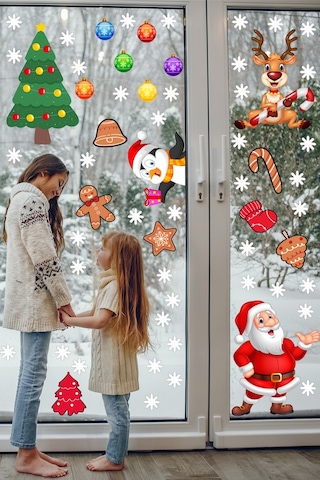 Yılbaşı Sticker Noel Baba Penguen Geyik Yılbaşı Ağacı ve Kar Taneleri