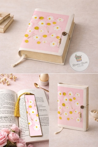 Kitap Kılıfı Ve Metal Kitap Ayracı Seti Pembe Papatya