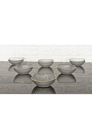 6 Kişilik Kare Kesme Dekorlu Çerezlik Gold Detaylı Cam Kase 12 Cm Naturel