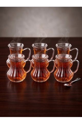 Lüks Detaylı Kulplu Cam Çay Bardağı Seti 6 Kişilik 150 Ml Beyaz