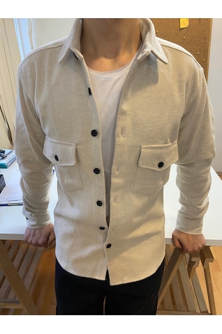 Kırık Beyaz Erkek Slim Fit Düğmeli Yaka Çift Cepli Düz Oduncu Gömlek Beyaz