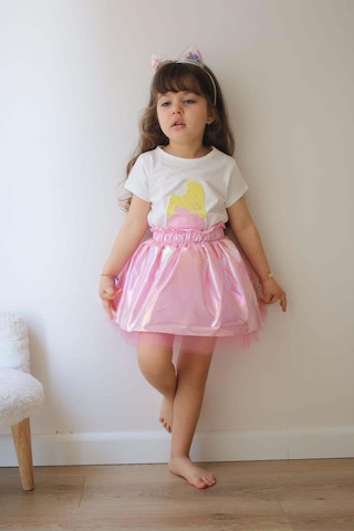 Kız Çocuk Mickey Ve Dondurma Desenli Kısa Kol Pamuk Etekli Takım Pembe