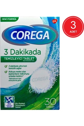 Corega 3 Dakikada Protez Temizleyici Tablet 30'lu x 3 Paket