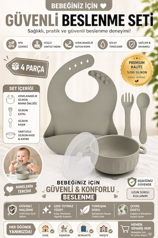 Silikon Beslenme Seti Silikon Vakumlu Kapaklı Mama Kasesi , Silikon Önlük, Çatal Ve Kaşık / Gri